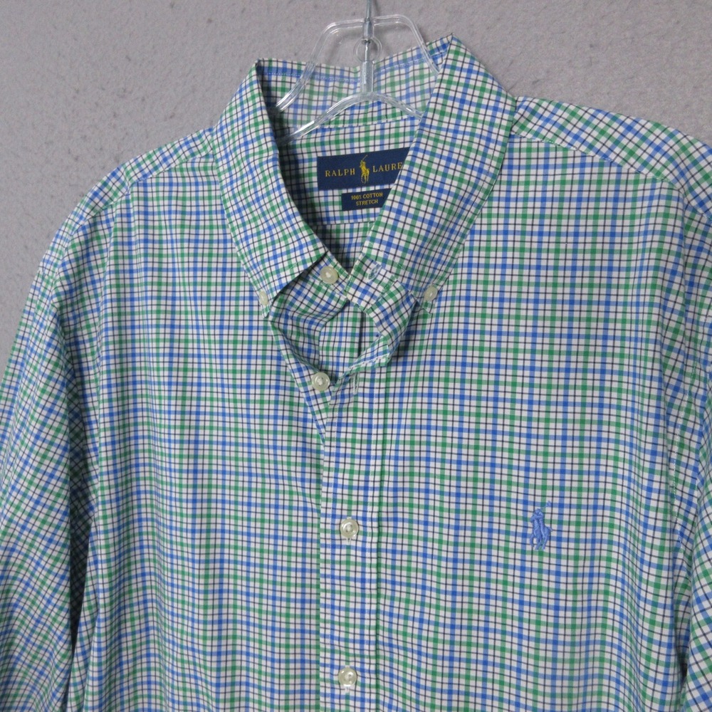 Ralph Lauren Button Down Shirt Large Blue Green Plaid‎ Cotton Preppy Academia